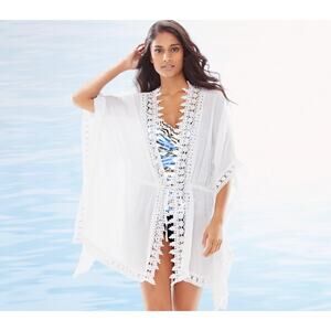 La Blanca Costa Brava Crochet Trim Kimono Swim Cover Up Size M/L White Tie Front
